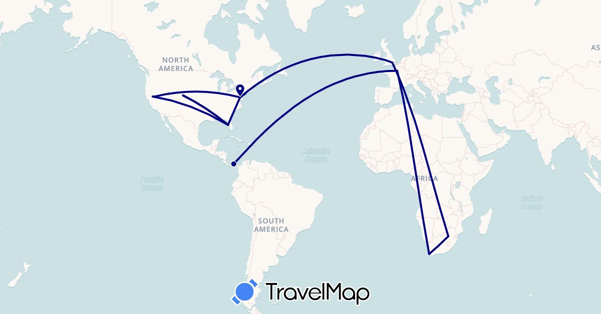 TravelMap itinerary: driving in France, United Kingdom, Panama, United States, South Africa (Africa, Europe, North America)